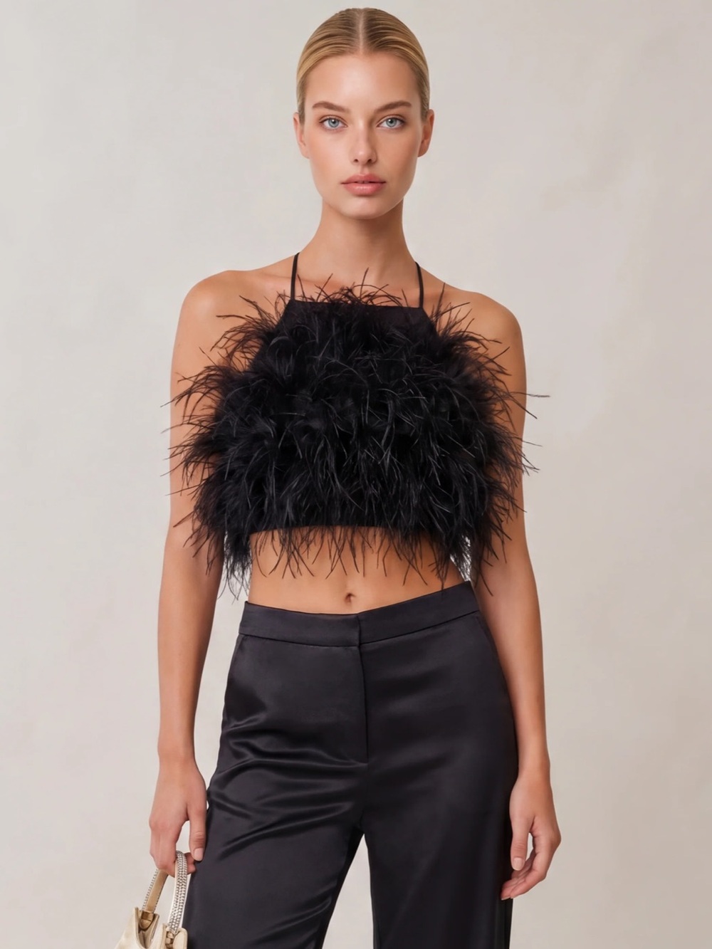 BNWT XS Black Feather Trim Halter Crop Top